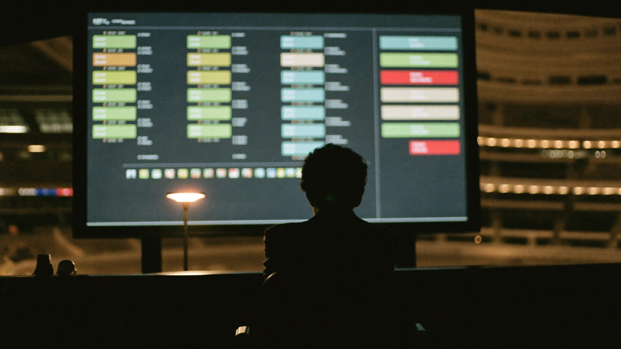 A venue operations director seen from behind, monitoring a live command-center dashboard glowing cyan at night.
